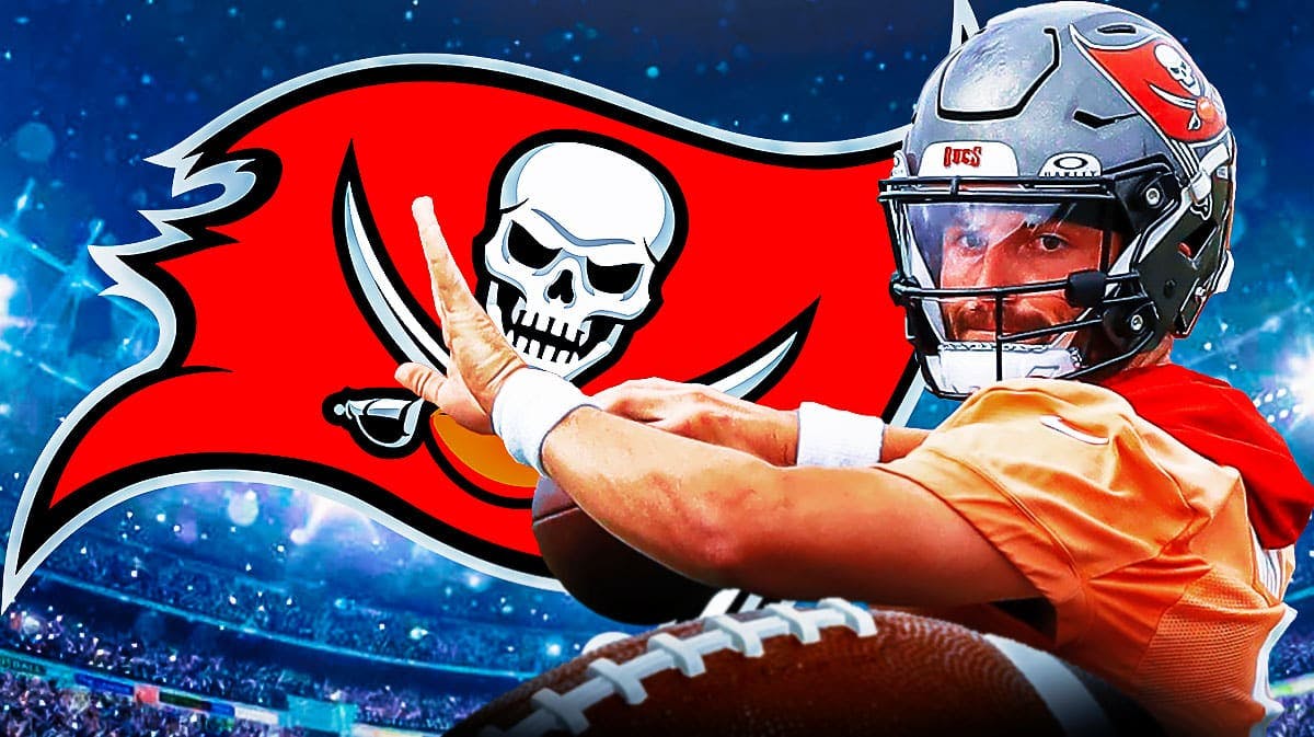 Tampa Bay Buccaneers QB Baker Mayfield wearing the team’s orange “creamsickle” jersey. There is also a logo for the Tampa Bay Buccaneers.