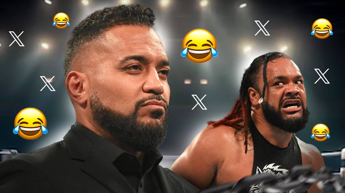 Jacob Fatu and Tonga Loa in a wrestling ring with multiple Laughing emojis and X logos around them.