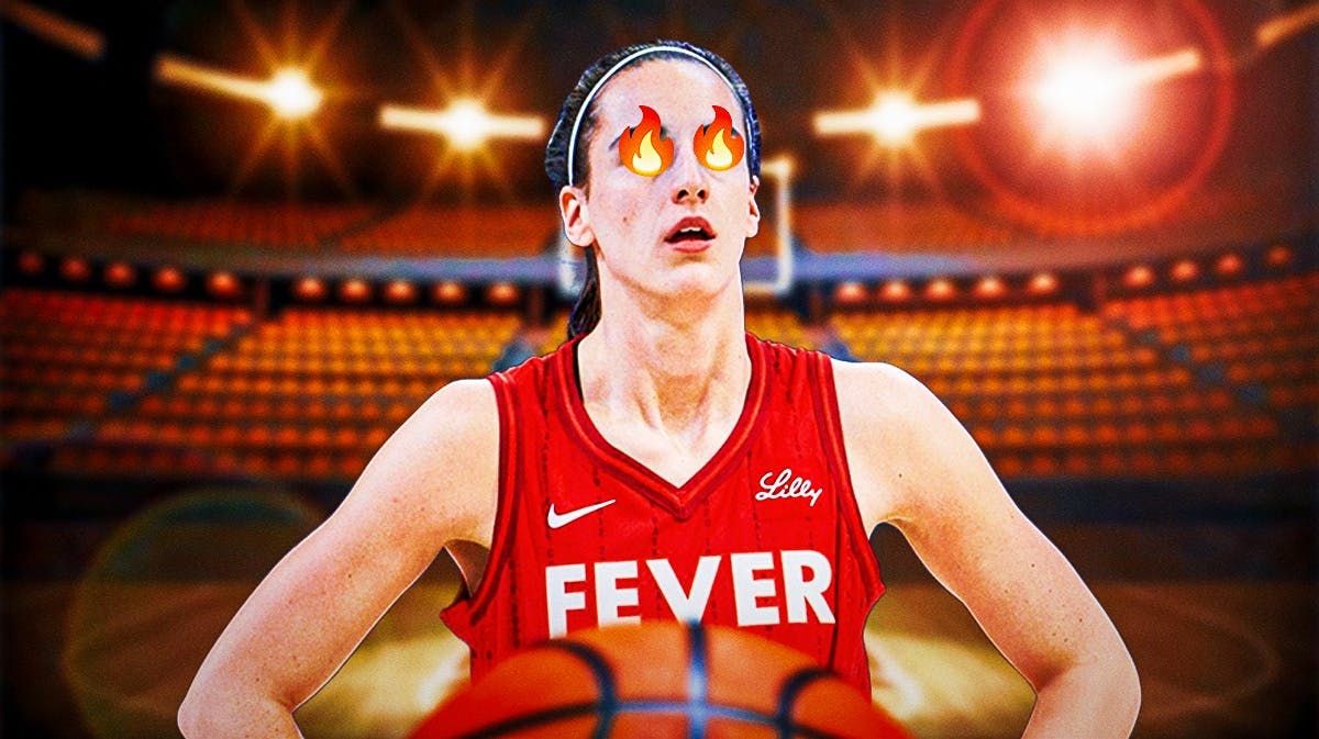 Caitlin Clark in Fever uniform. Close-up image. Place fire in her eyes.