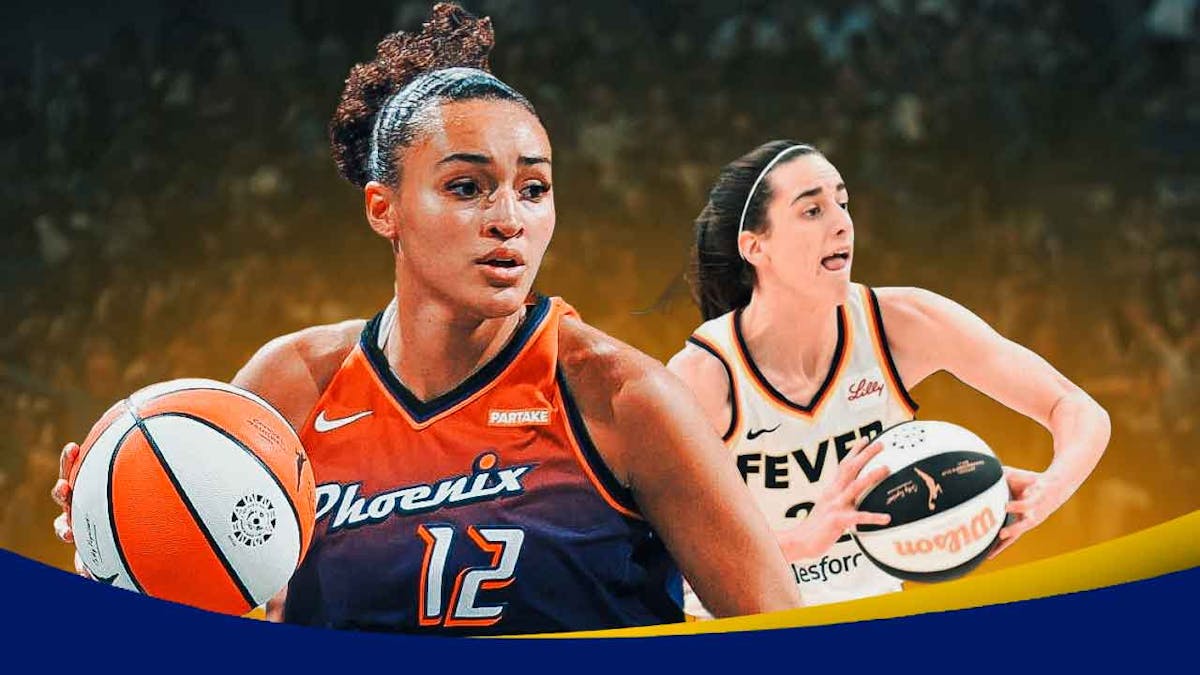 Celeste Taylor in a phoenix mercury jersey dribbling the ball and Caitlin Clark in an Indiana Fever jersey on the other side of the graphic passing