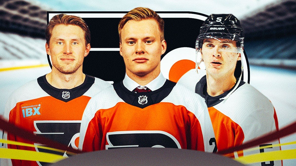Matvei Michkov in middle, Erik Johnson and Egor Zamula on each side, Philadelphia Flyers logo, hockey rink in background