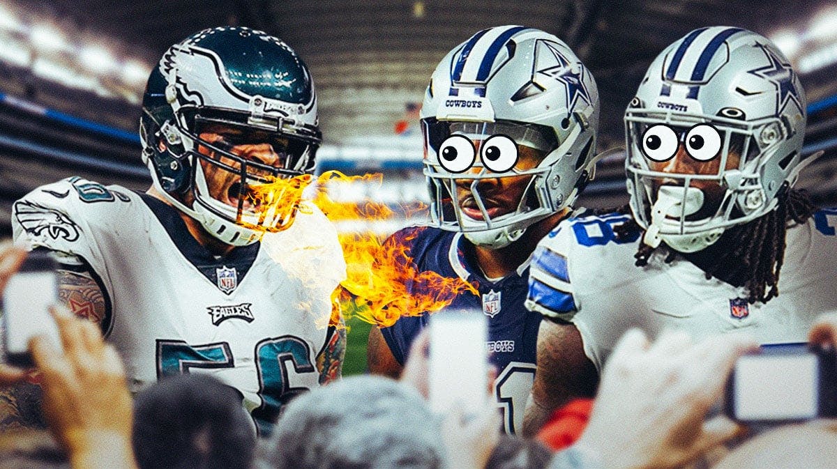 Chris Long on one side breathing fire, Micah Parsons and Malik Hooker on the other side with the big eyes emoji over their faces