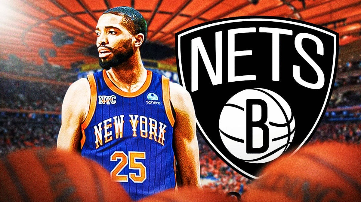 Mikal Bridges in a Knicks jersey next to a Nets logo