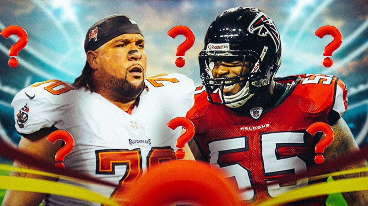 Falcons John Abraham next to Buccaneers Donald Penn with question marks all around.