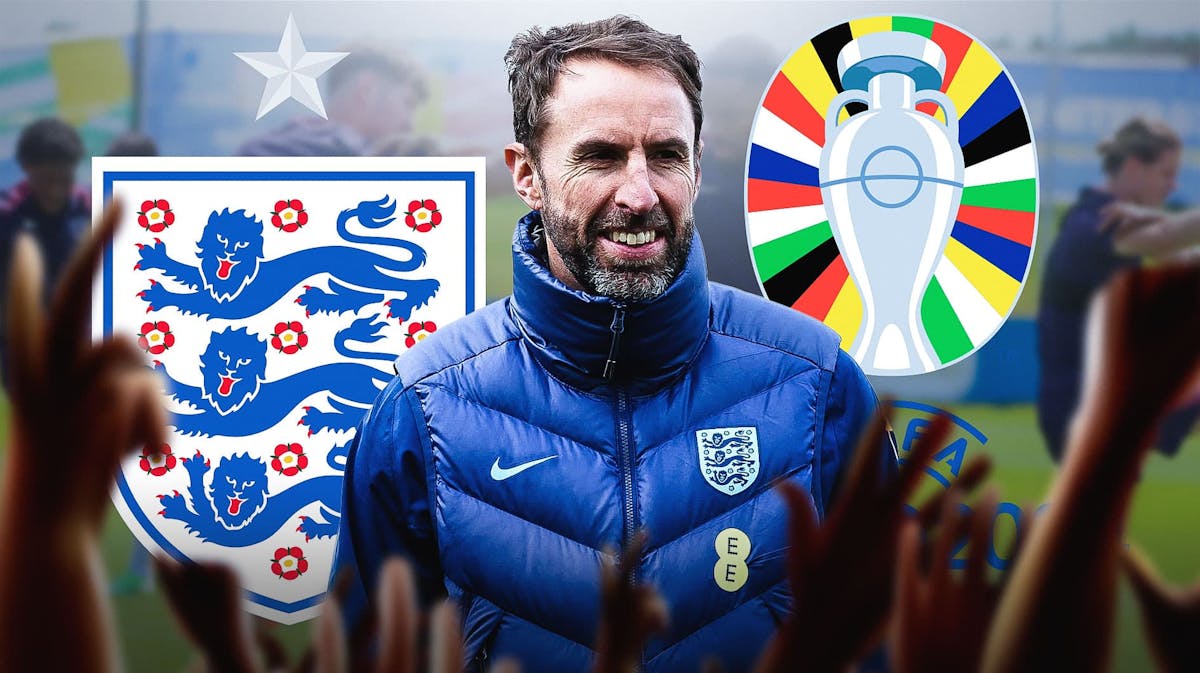 Gareth Southgate in front of the England team and Euro 2024 logos