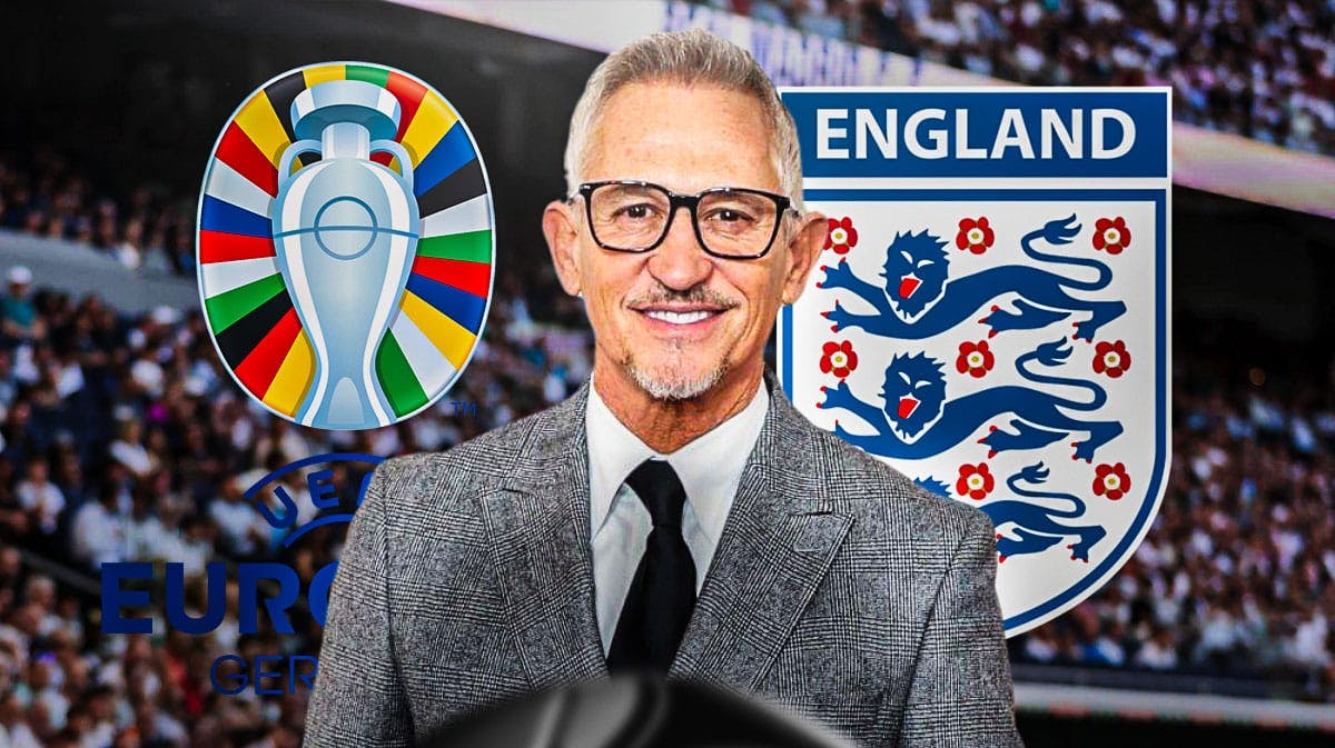 Gary Lineker in front of the Euro 2024 and England team logos