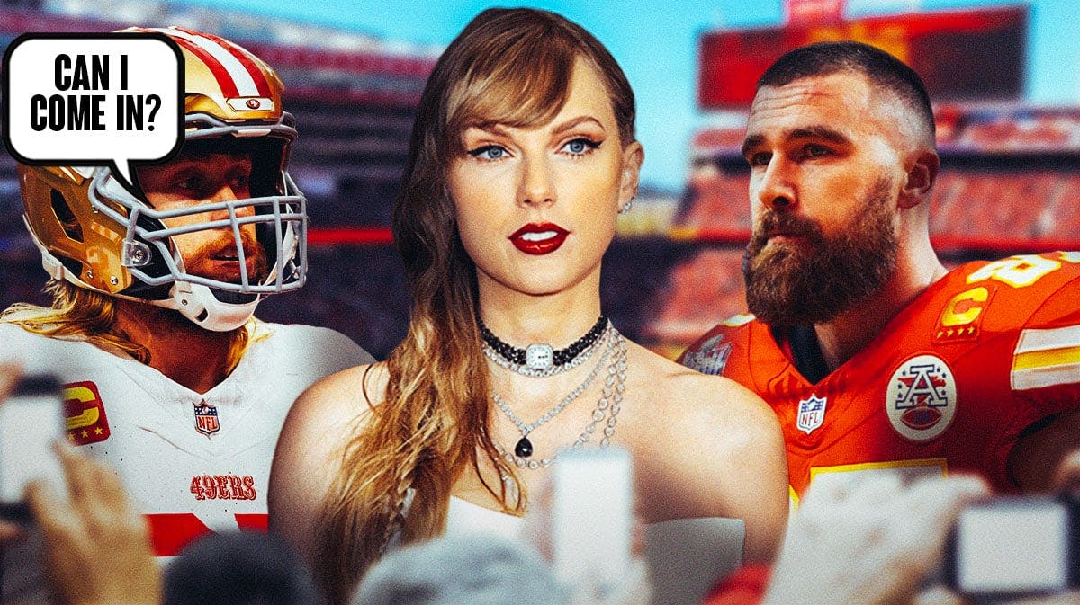 San Francisco 49ers tight end George Kittle with Kansas City Chiefs tight end Travis Kelce and American singer-songwriter Taylor Swift. Kittle has a speech bubble that says “Can I come in?”