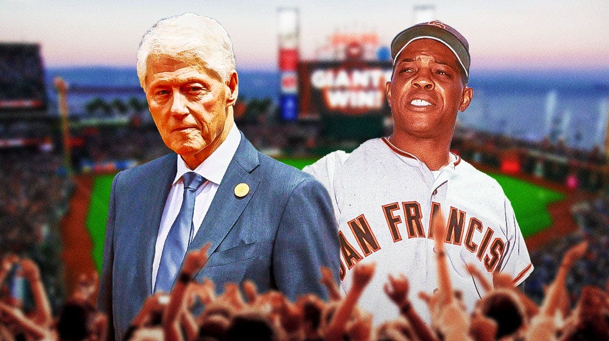 President Bill Clinton on the left, Giants star Willie Mays on the right.