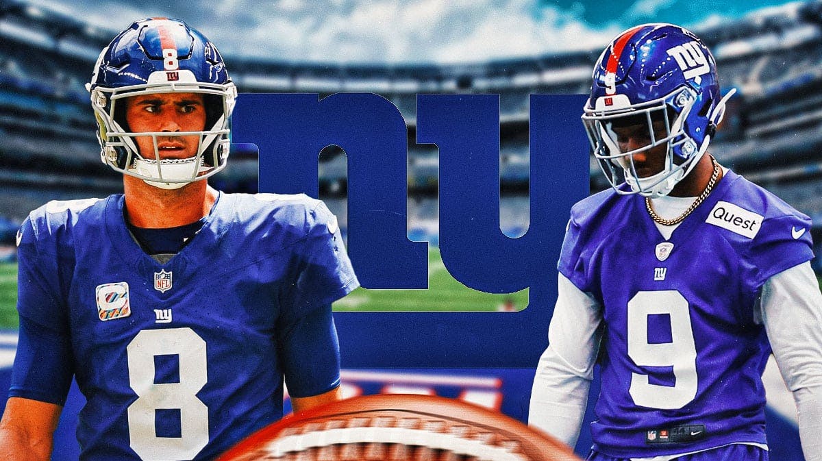 New York Giants in middle, NY Giants quarterback Daniel Jones on left side, NY Giants WR Malik Nabers on right side, the Meadowlands (Giants home stadium) in background