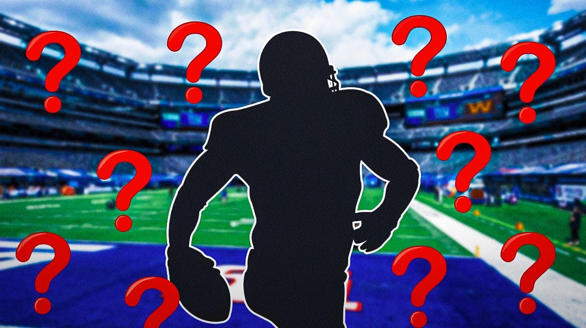 Silhouetted player surrounded by question marks with a New York Giants themed background.