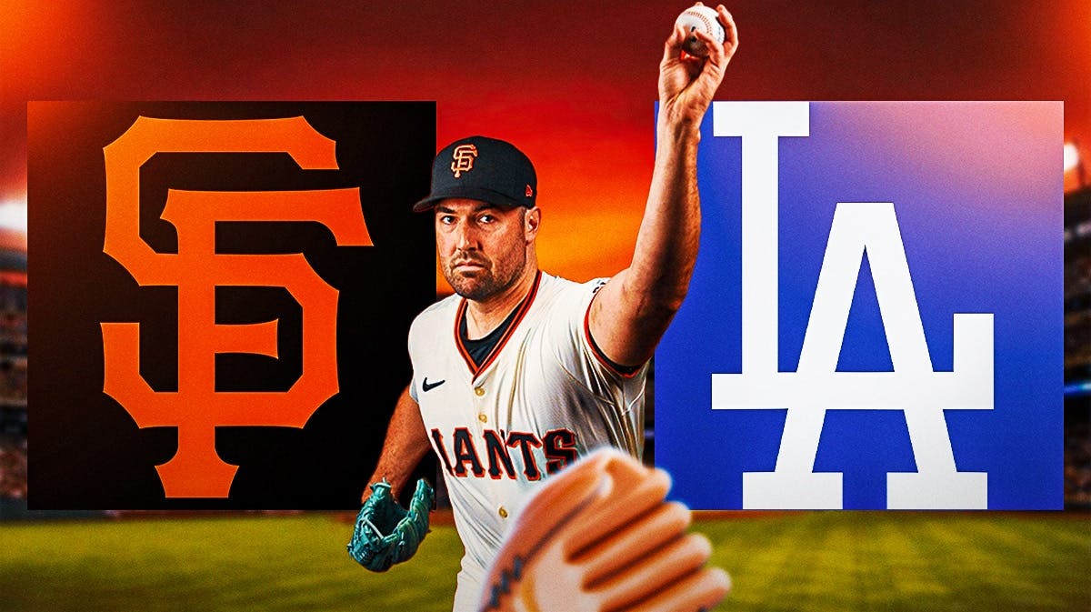 Giants Robbie Ray (SF Giants uniform) pitching a baseball in front. Place the Dodgers and SF Giants 2024 logos in background.