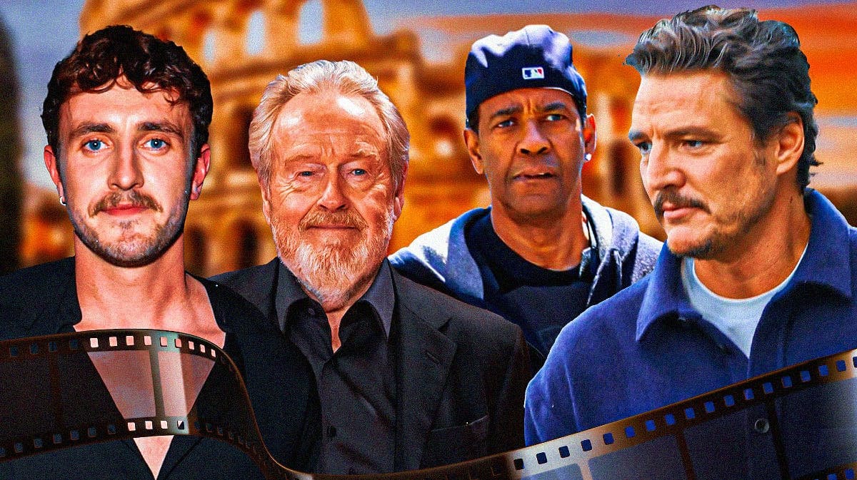 Gladiator 2 director Ridley Scott with stars Paul Mescal, Denzel Washington, and Pedro Pascal with Colosseum background.