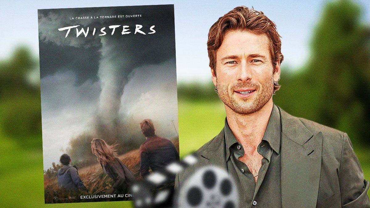 Glen Powell and Twisters poster with farm background.