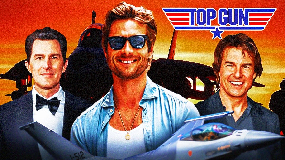 Top Gun logo with Maverick director Joseph Kosinski, and stars Glen Powell and Tom Cruise.