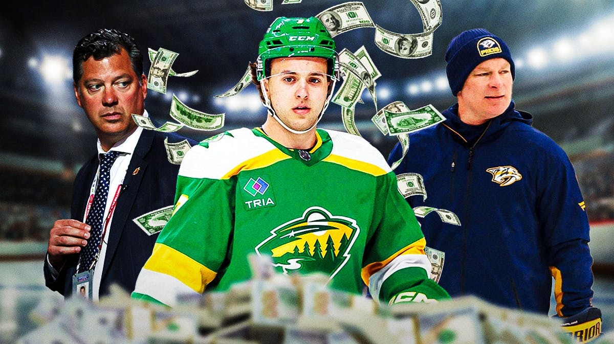 Brock Faber with a bunch of money raining down around him or money bag emojis. Bill Guerin and John Hynes in the background with a Minnesota Wild logo and ice rink.