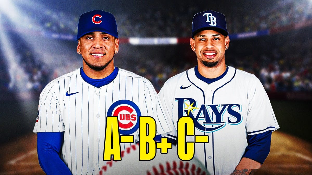 Isaac Paredes in a Cubs uniform. Christopher Morel in a Rays uniform. A-, B+, and C- in the middle