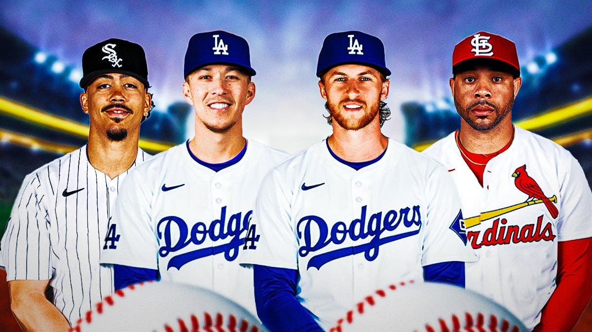 Michael Kopech and Tommy Edman in Dodgers jerseys, Miguel Vargas in a White Sox jersey, Tommy Pham in a Cardinals jersey.