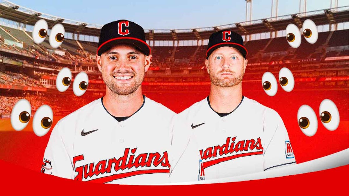 Lane Thomas, Alex Cobb in Guardians uniforms. Place the eyes emoji all over image looking at them. Progressive Field background.