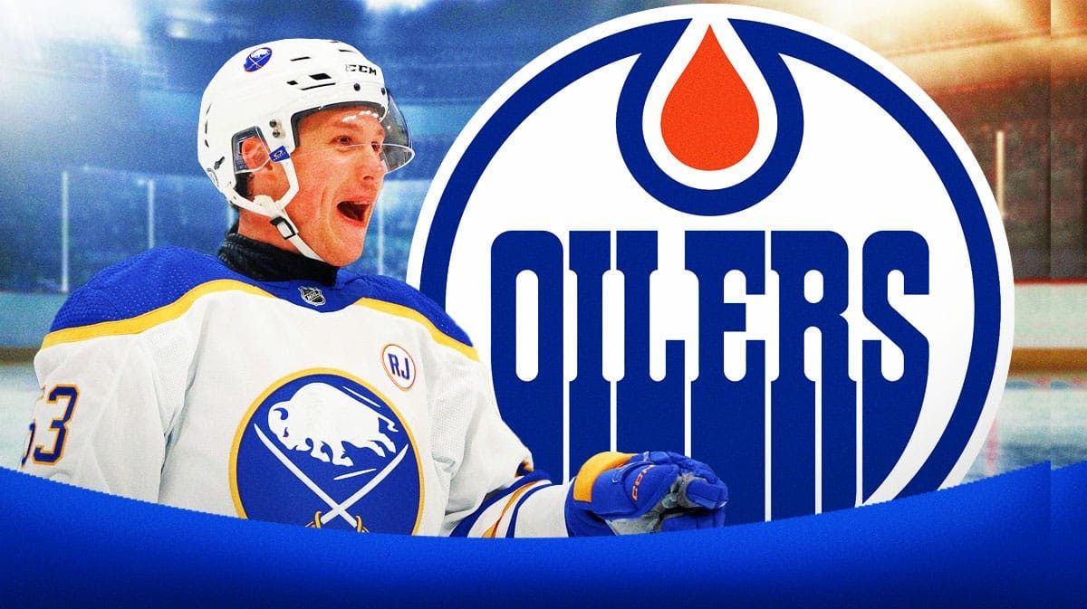 Jeff Skinner in image looking hopeful, Edmonton Oilers logo, hockey rink in background