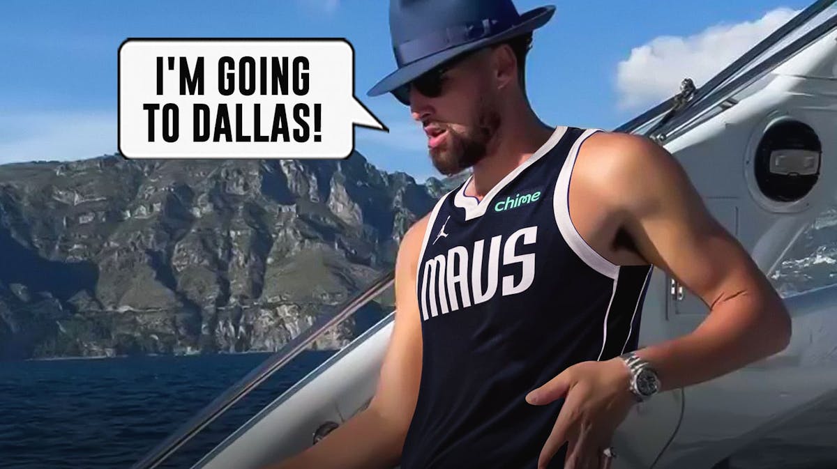 Klay Thompson in a Mavericks uniform and in a boat.