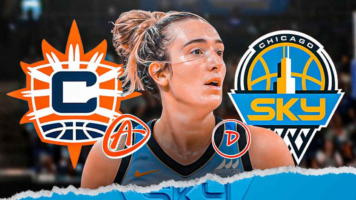 Chicago Sky player Marina Mabrey in the center of the image, with the Chicago Sky logo on one side and the Connecticut Sun logo on the other, with different "grades" around the image Like A- and D