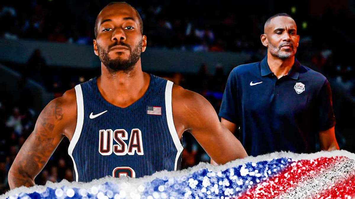 Clippers' Kawhi Leonard looking sad in a Team USA uniform, with Grant Hill (current) looking on