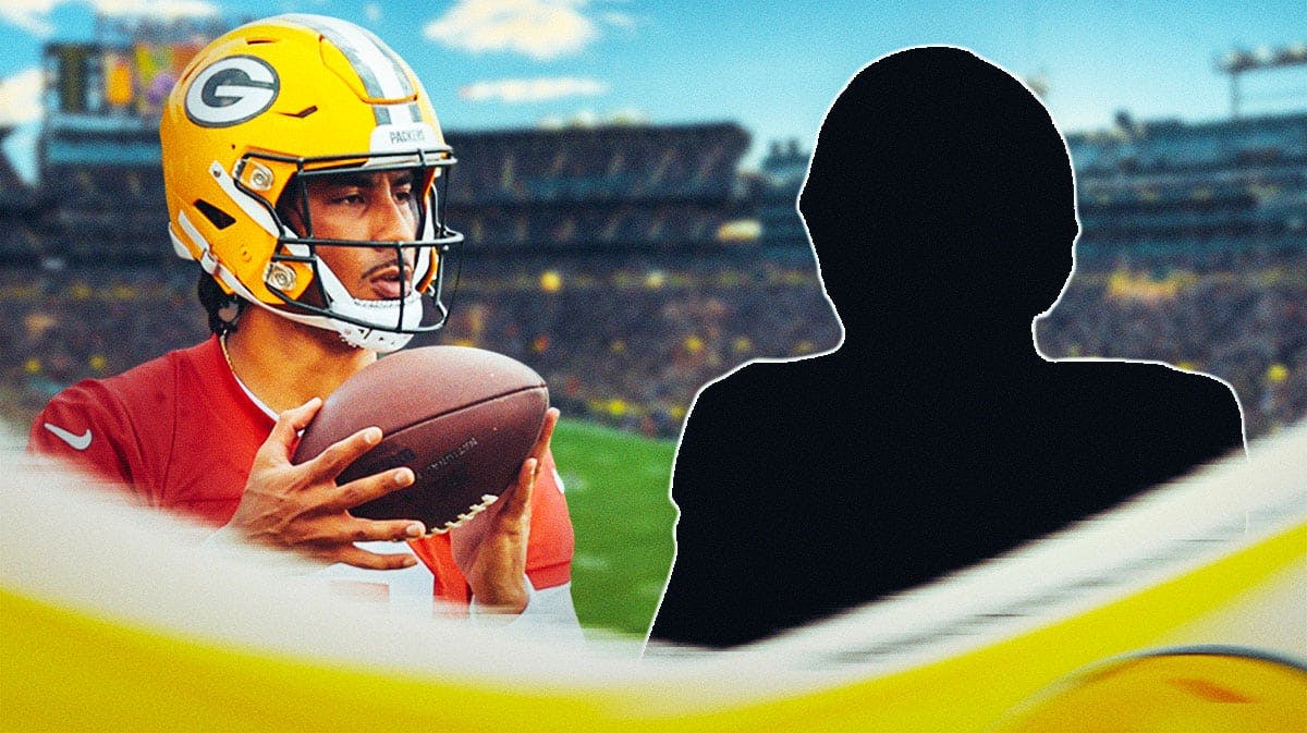 Silhouetted Packers player standing next to a nervous Jordan Love surrounded by question marks with a Packers-colored background.