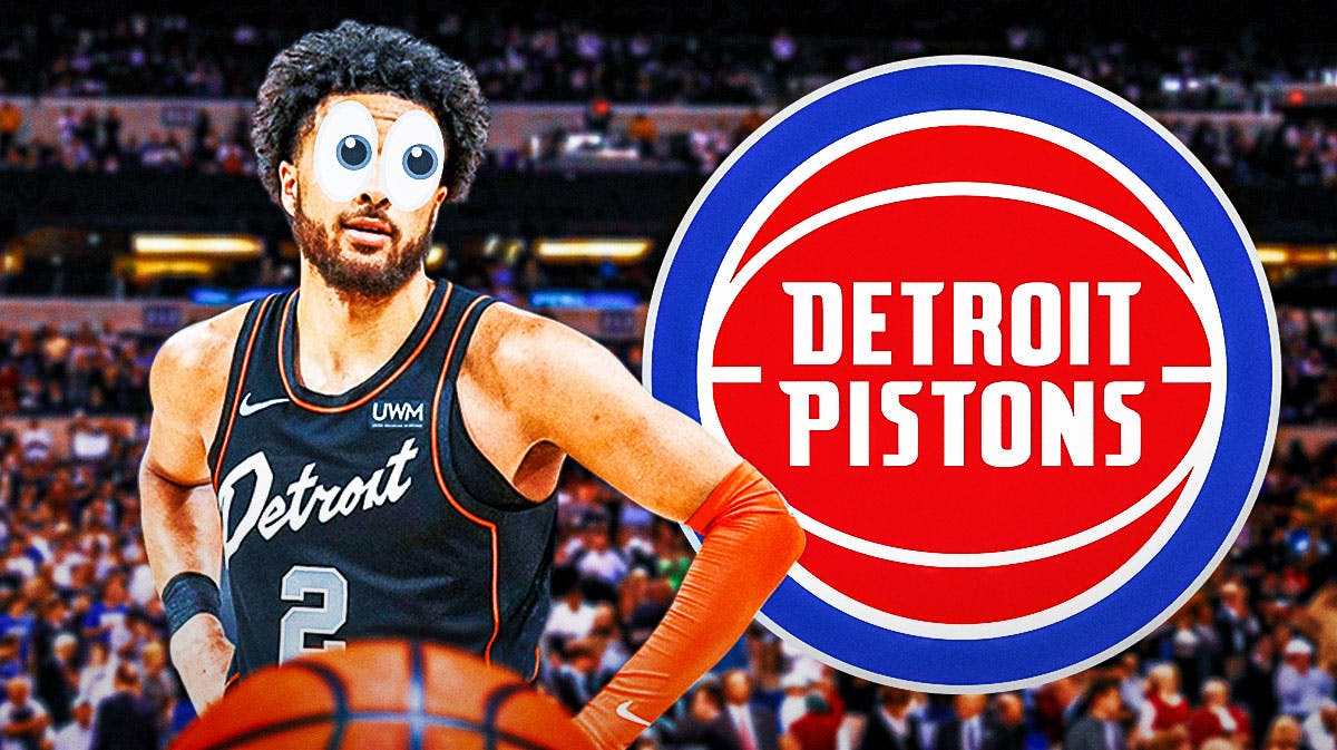 Pistons logo in background. Pistons Cade Cunningham with eyes popping out in front.