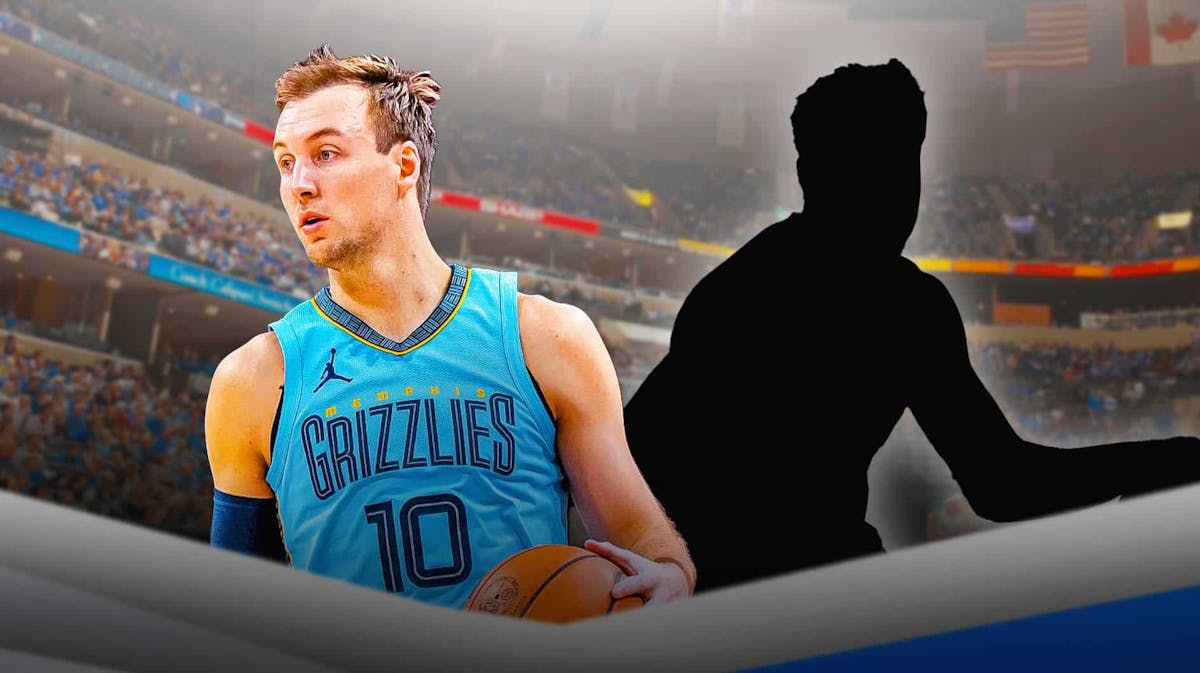 Luke Kennard next to the blacked-out silhouette of Luke Kennard in the Grizzlies stadium.