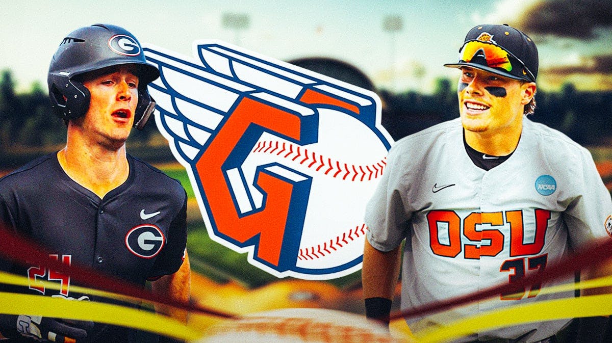 Cleveland Guardians logo in the middle. Oregon State's Travis Bazzana and Georgia's Charlie Condon