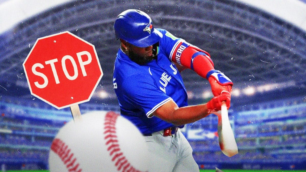 Blue Jays Vladimir Guerrero Jr. on left swinging a baseball bat. Need a stop sign on right.