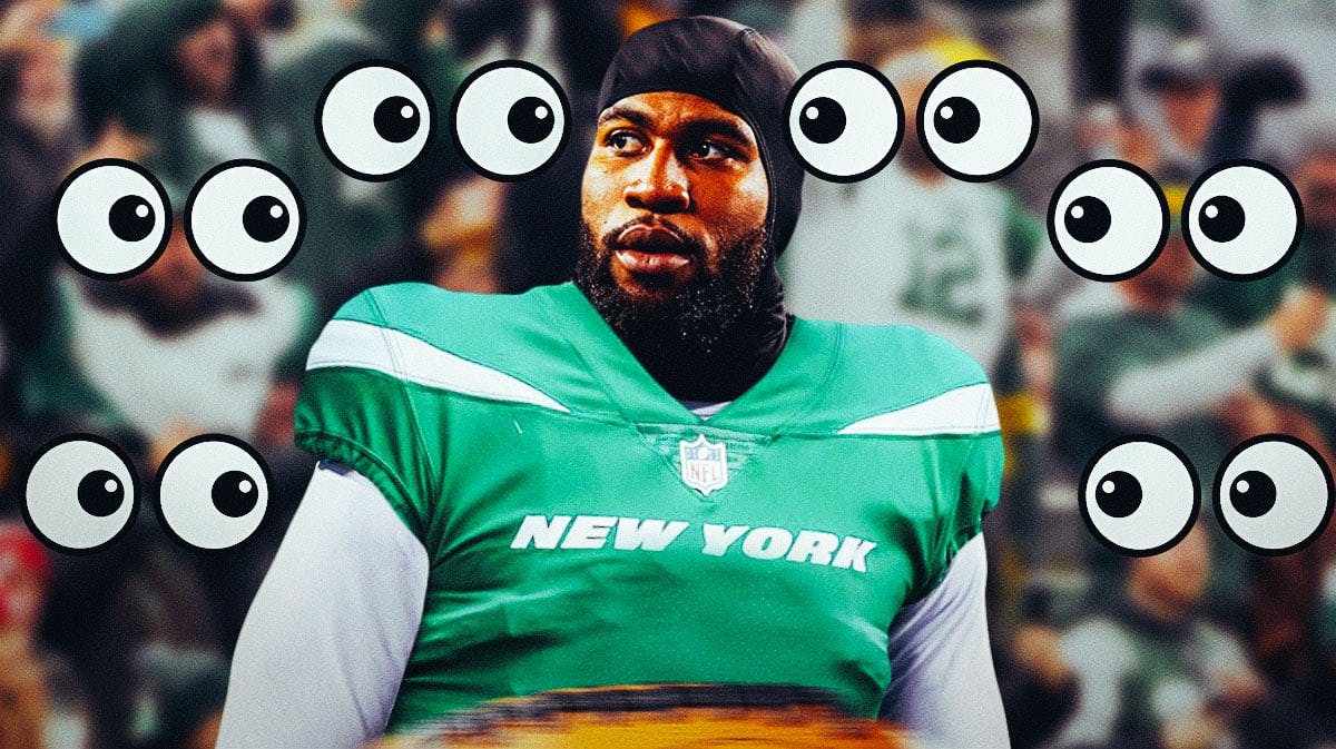 Haason Reddick in a New York Jets jersey on one side, a bunch of New York Jets fans on the other side with the big eyes emoji around them