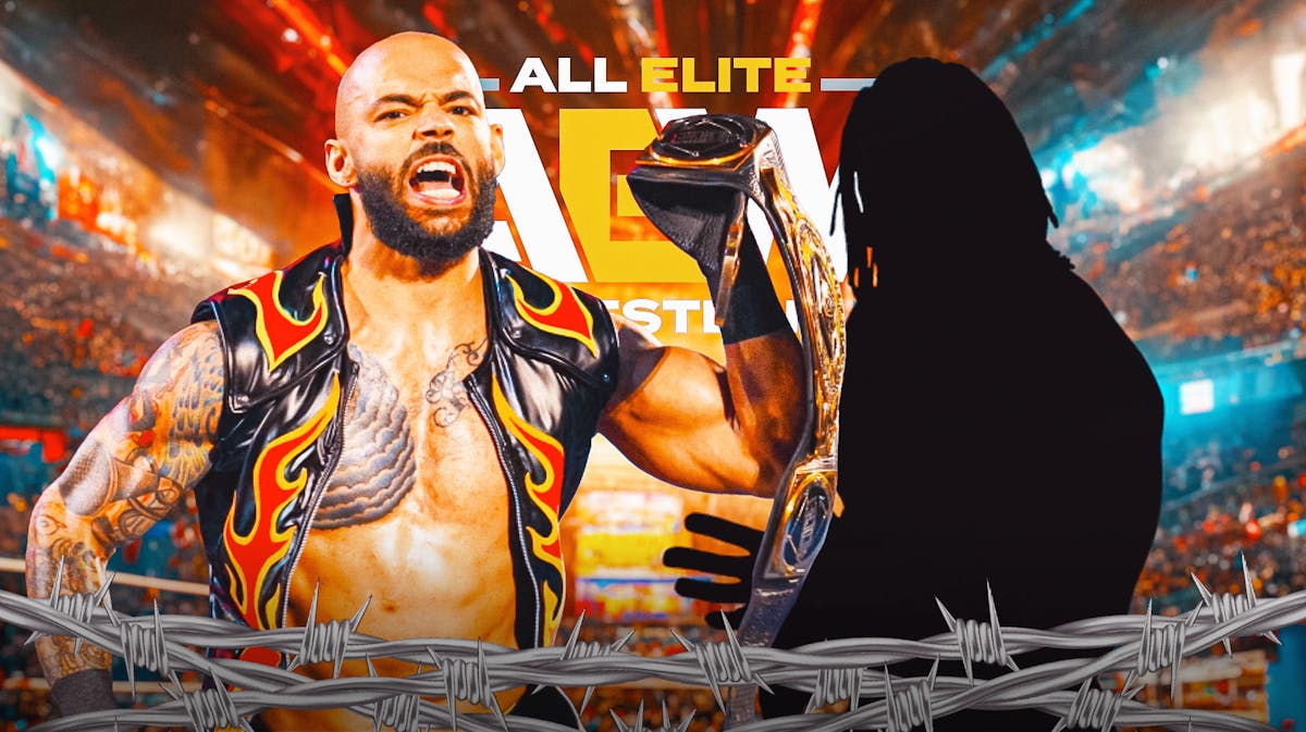 Ricochet next to the blacked-out silhouette of Booker T with the AEW logo as the background.