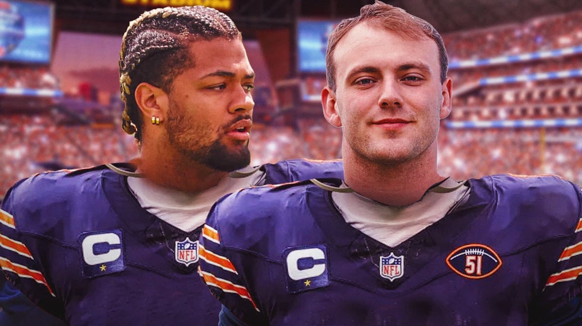 Rome Odunze and Brock Bowers in a Giants Uniform with a Bears-colored background.