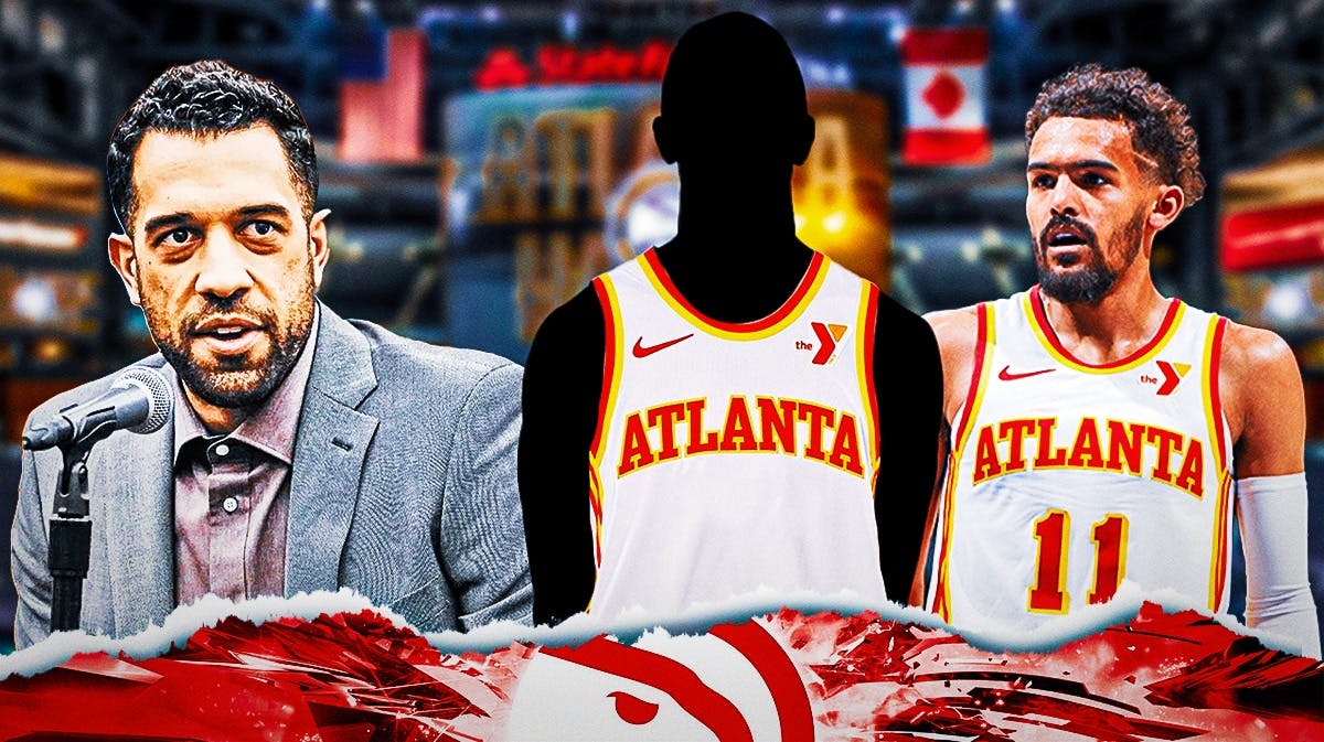Hawks' Landry Fields and Trae Young next to a silhouette of a player