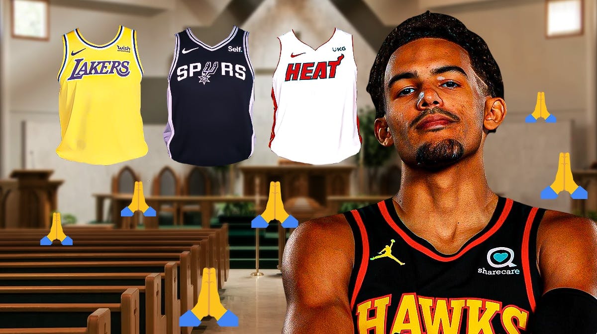 Hawks' Trae Young smiling while inside a church, with Lakers, Spurs, and Heat jerseys on the church altar, praying hands emoji all over