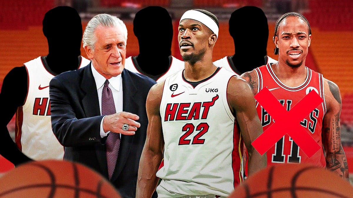 Pat Riley and Jimmy Butler eyeing silhouettes of three Heat players, with DeMar DeRozan looking on with a cross mark over him