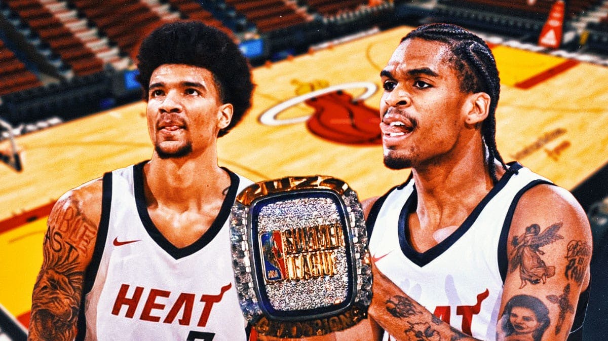 Josh Christopher, Kel'el Ware and a championship ring between them featuring a Heat colored background.