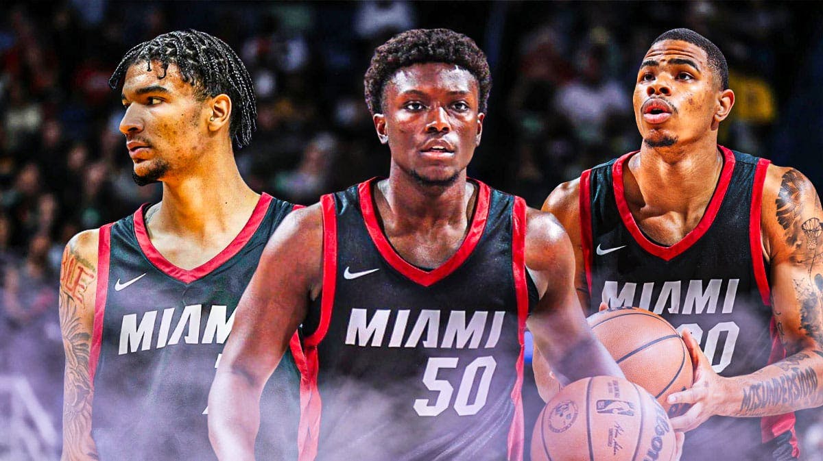 Miami Heat Summer League standouts Isaiah Stevens, Kel'el Ware, and Keshad Johnson in front of Kaseya Center.
