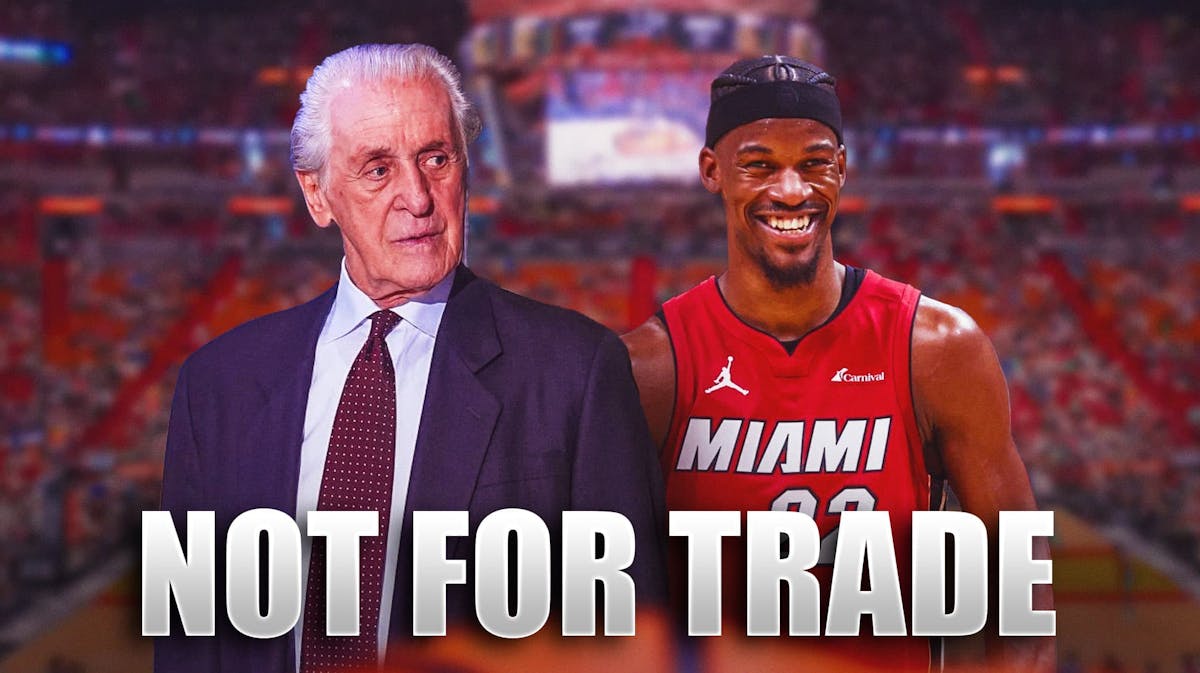 Pat Riley and Heat's Jimmy Butler smiling, with caption below: NOT FOR TRADE