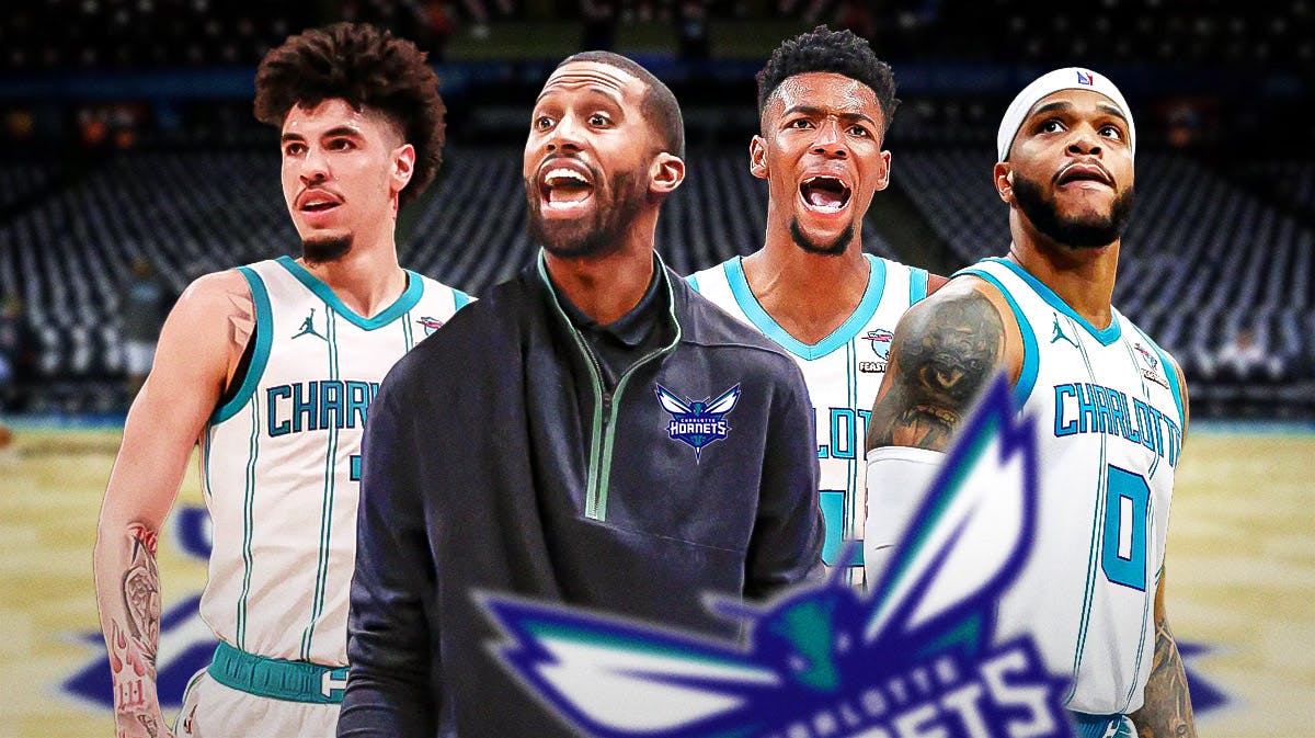 Photo: Charles Lee in Hornets coaching gear, LaMelo Ball, Miles Bridges, Brandon Miller in Hornets gear behind him