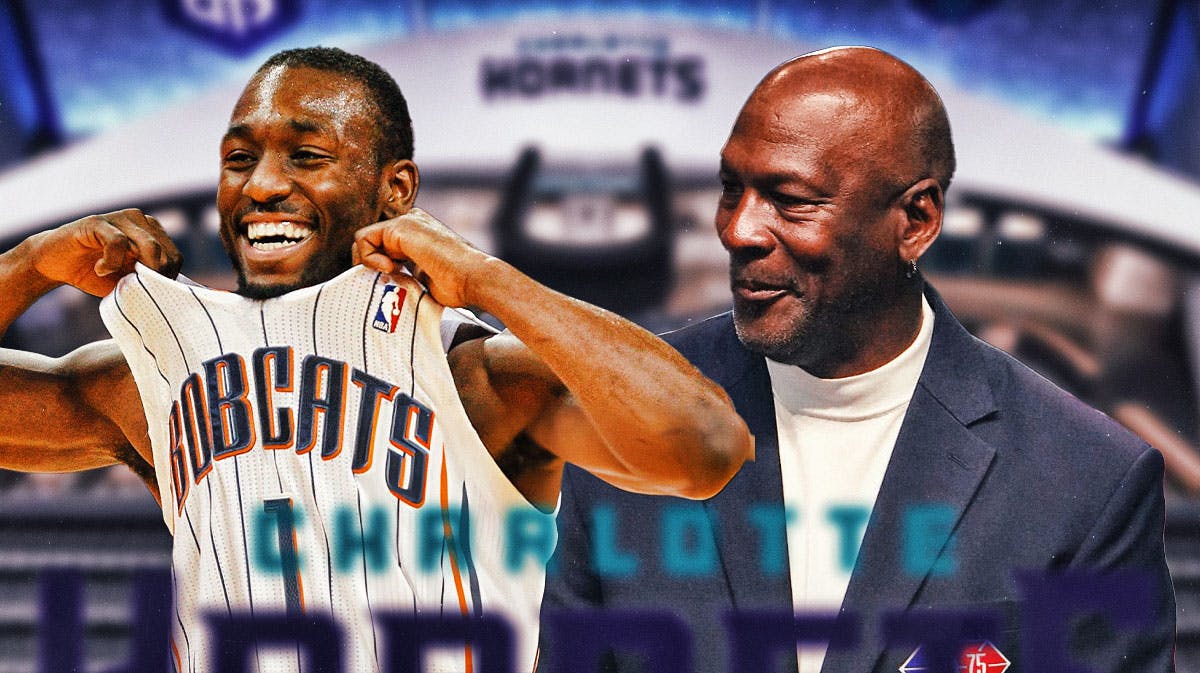 An old picture of Kemba Walker from his playing days in his Charlotte Hornets/Bobcats jersey alongside a recent picture of Michael Jordan. Have the Hornets arena in the background