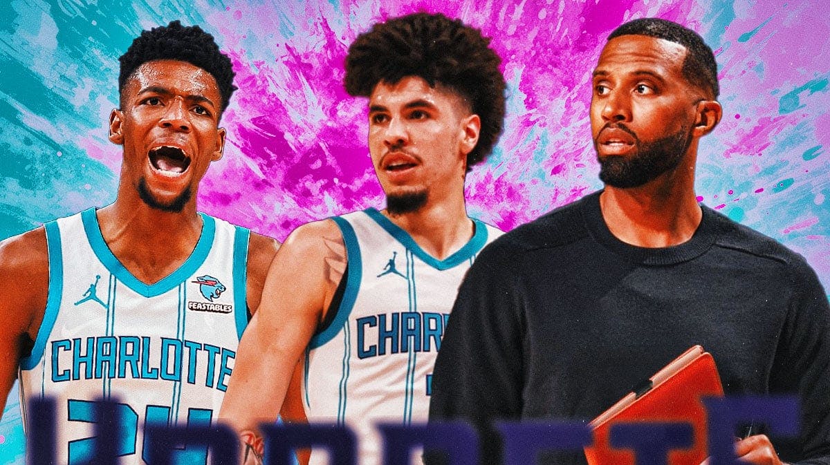 Hornets Brandon Miller, LaMelo Ball and Charles Lee with a teal and purple colored explosion in the background.