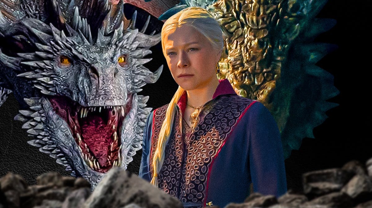 Background: Two dragons, Vermithor and Seasmoke; Foreground: Emma D'Arcy as Rhaenyra Targaryen