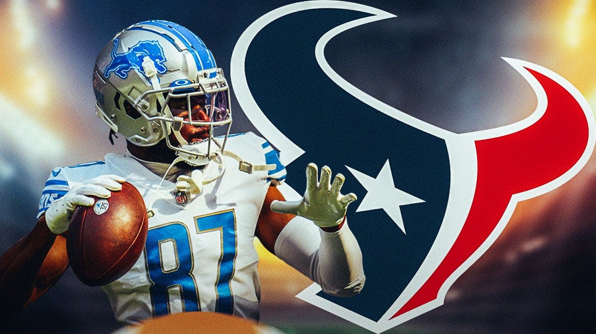 Ex-Lions receiver Quintez Cephus next to Texans logo during NFL Free Agency