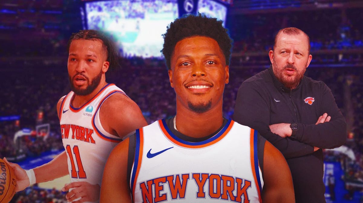 Kyle Lowry in a Knicks jersey with a smiling Jalen Brunson and Tom Thibodeau pictured, too.