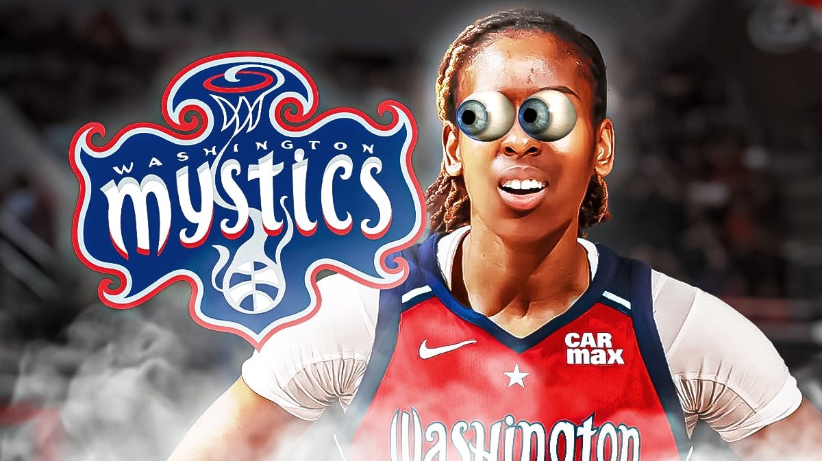 Ariel Atkins looking at Mystics logo with bulging eyes