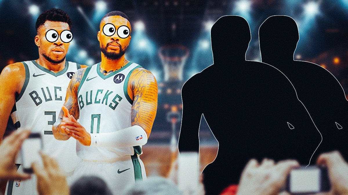 Giannis Antetokounmpo and Damian Lillard on one side with the big eyes emoji around them, silhouettes of two basketball players on the other side. Bucks rumors