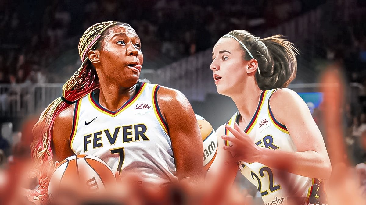 Caitlin Clark and Aliyah Boston in Indiana Fever jerseys on either side