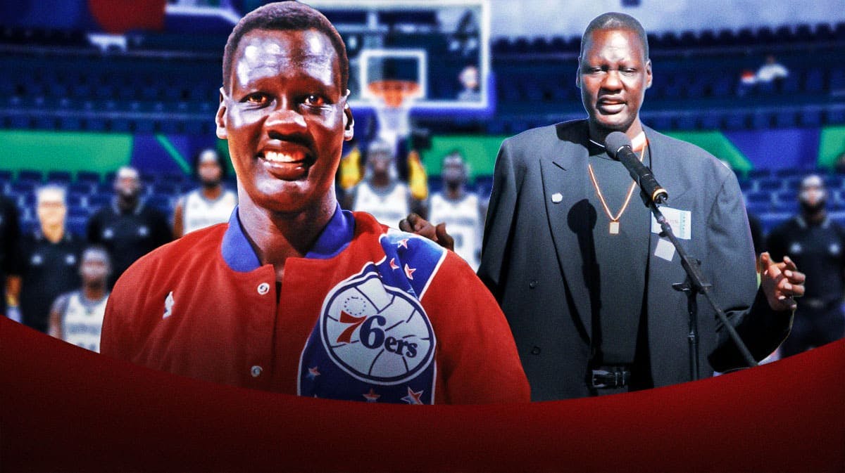Manute Bol from his days in the NBA, alongside images of him as a political activist in South Sudan, and a pic of the South Sudan Men's Basketball team